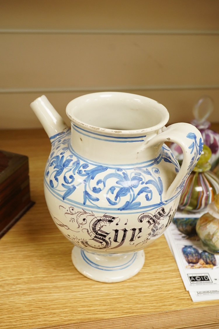 An Italian maiolica syrup jar, 17.5cm high